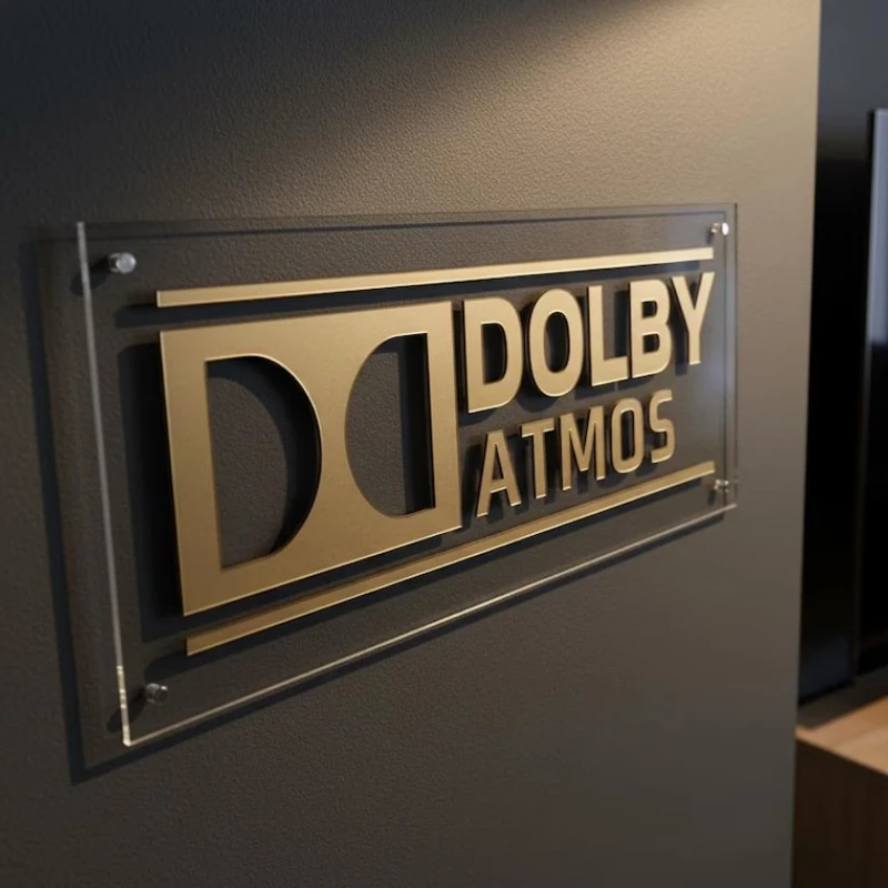 Home Cinema Dolby Atmos - ป้าย Dolby Atmos: ของตกแต่งโฮมเธียเตอร์ 3D, แผ่นอะคริลิกใสและดำ