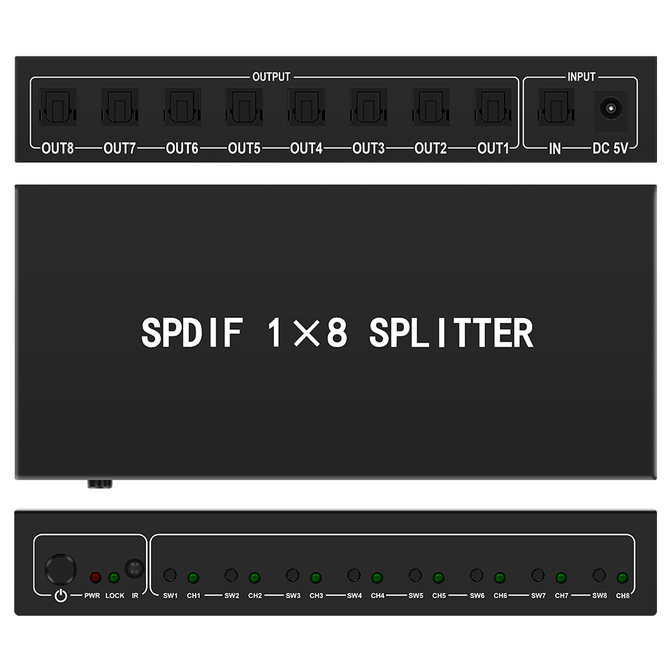 Home Cinema Unit - ตัวแยกสัญญาณเสียงออปติคอล1 in 8เอาต์พุตไฟเบอร์ออปติกตัวแยกสัญญาณ s/pdif สำหรับโฮมเธียเตอร์ลำโพงเพลย์สเตชันทีวีเครื่องเล่นดีวีดี